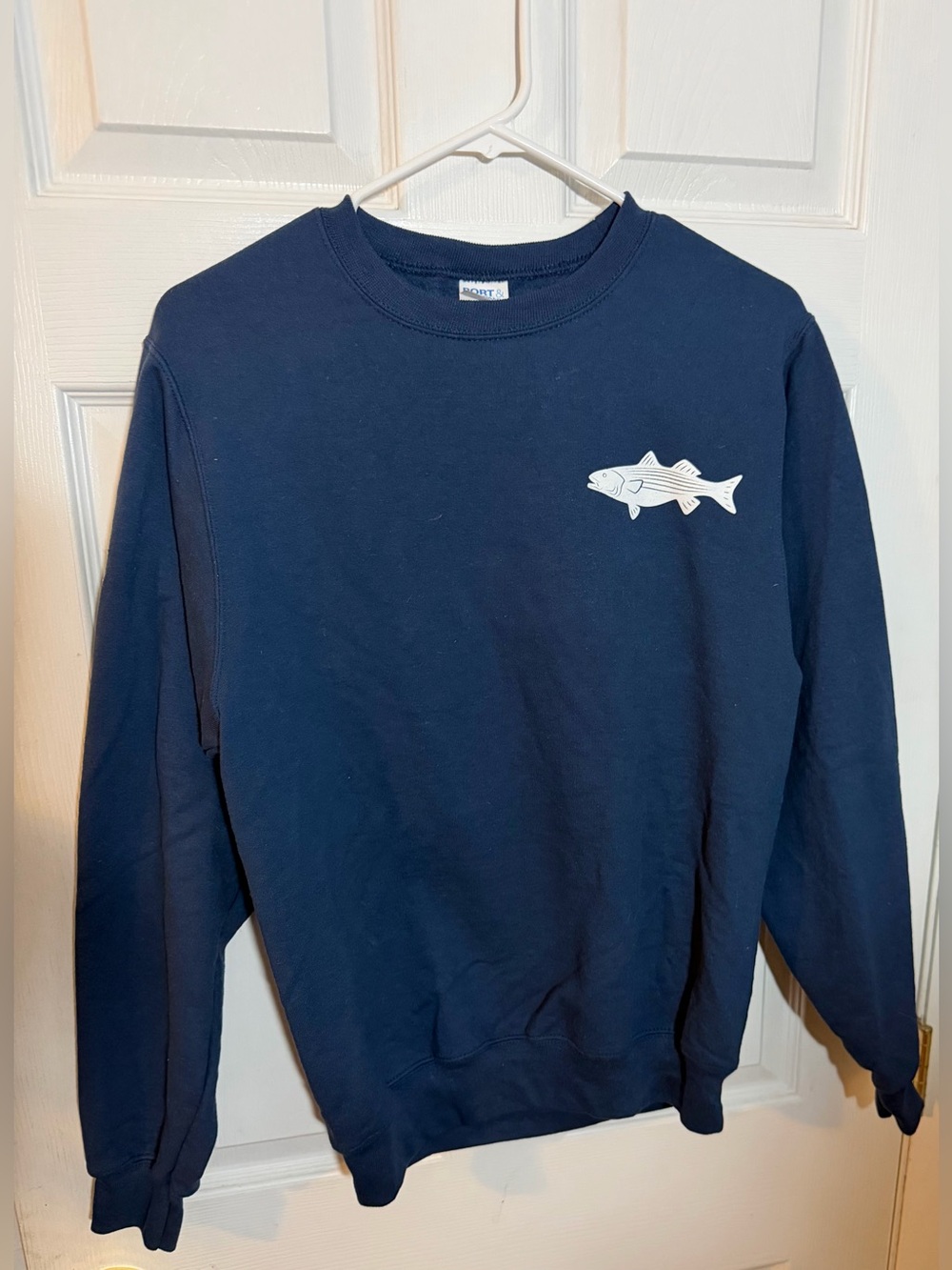 Port and Company Navy Crewneck Sweatshirt with White Fish Graphic, Size S
